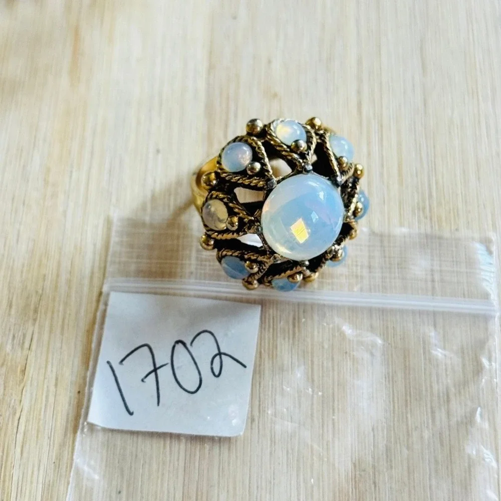 Uncas Cocktail Ring Opalescent Opal Glass Cabochon Gold ElectroPlated Rare VTG
